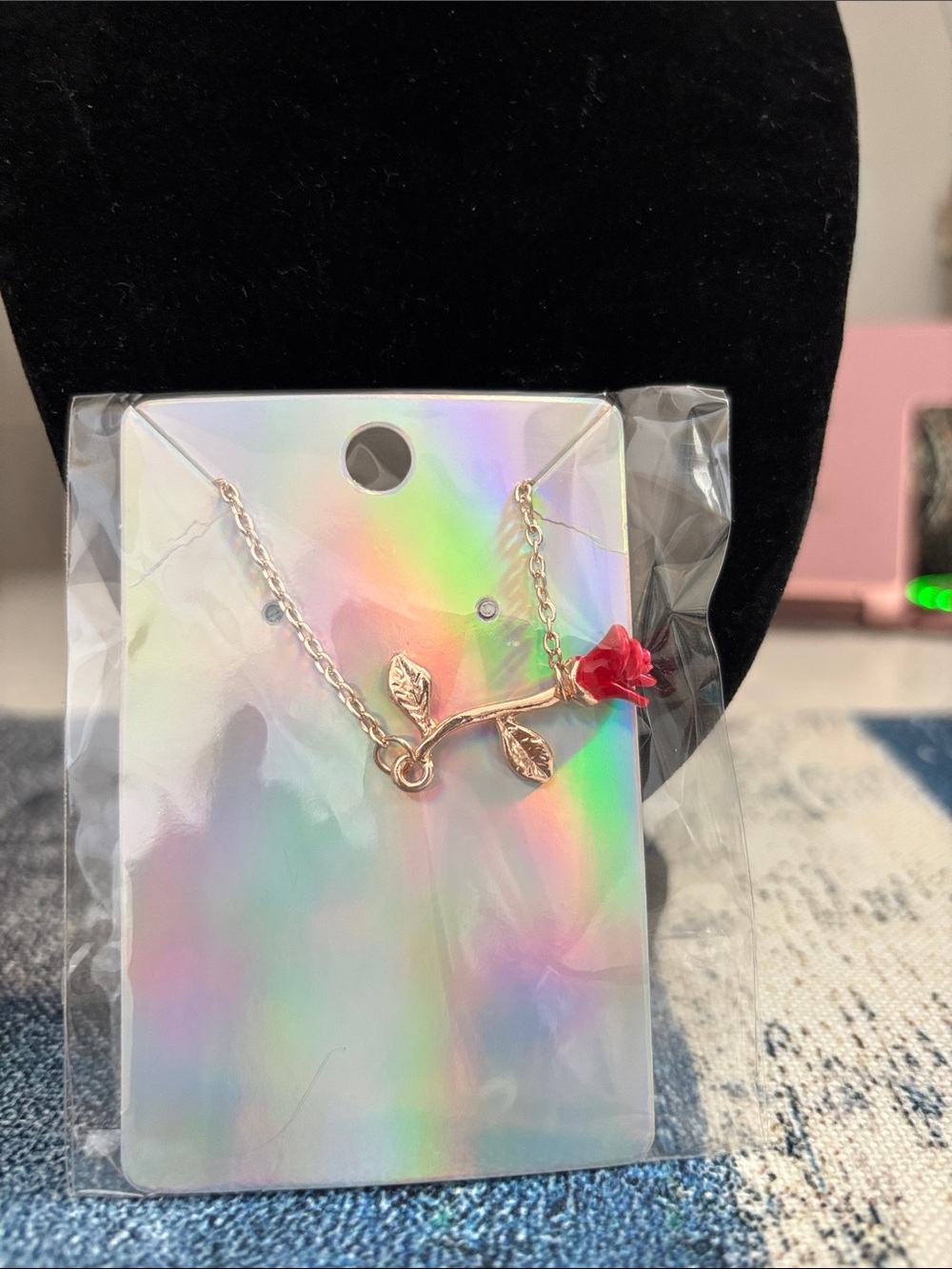 Rose Pendant Bracelet - Red Flower on Gold Stem